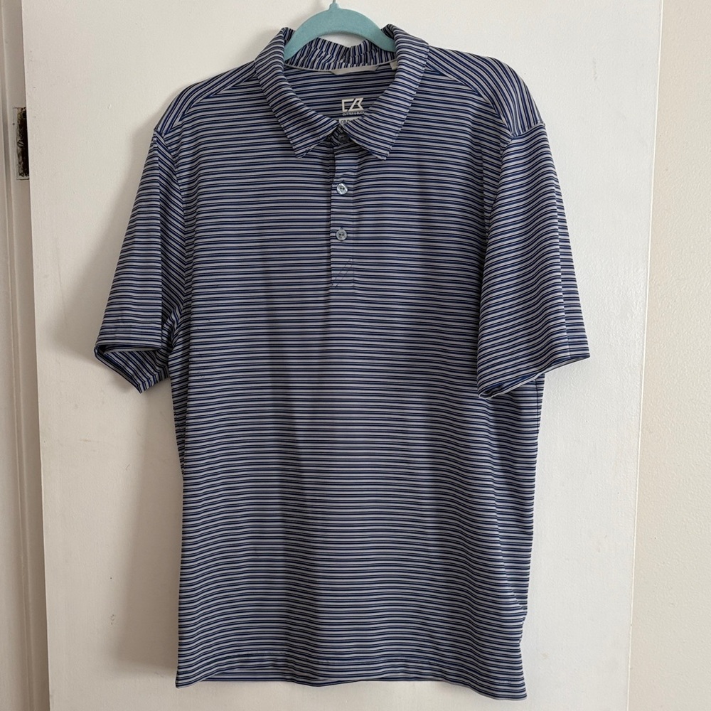Men’s Cutter & Buck Navy and White Striped Polo. Size M
